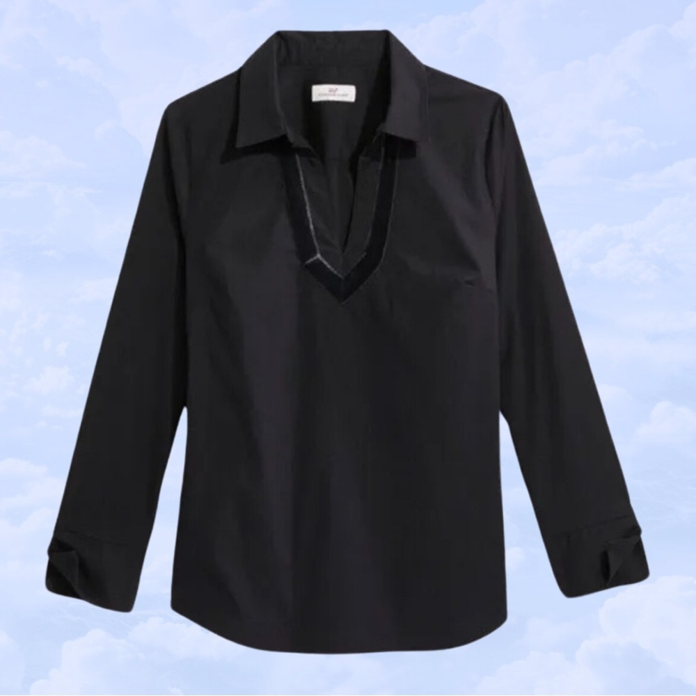 VINEYARD VINES NWT Velvet Trim Popover Top in Jet Black Cotton Blouse size small